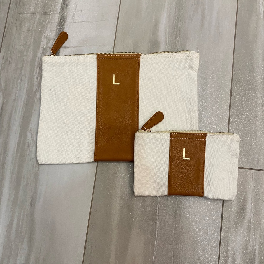 Gold L Initial Light Cream Canvas and Vegan Leather Pouch Set with Zip Closure